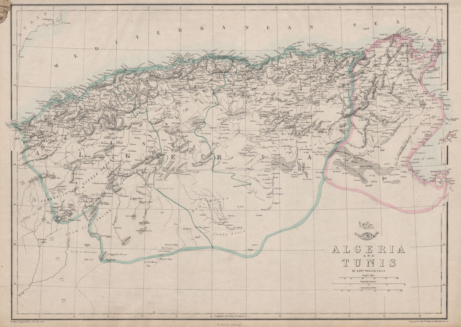 NORTH AFRICA. 'Algeria and Tunis'. Tunisia. WELLER 1863 old antique map chart